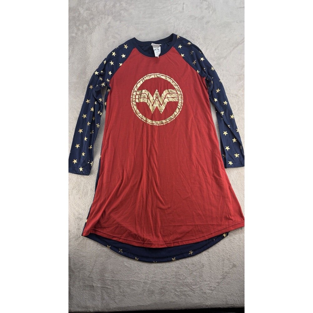 Wonder Woman PJs Dress Pajama Large Long Sleeve Red Blue Stars